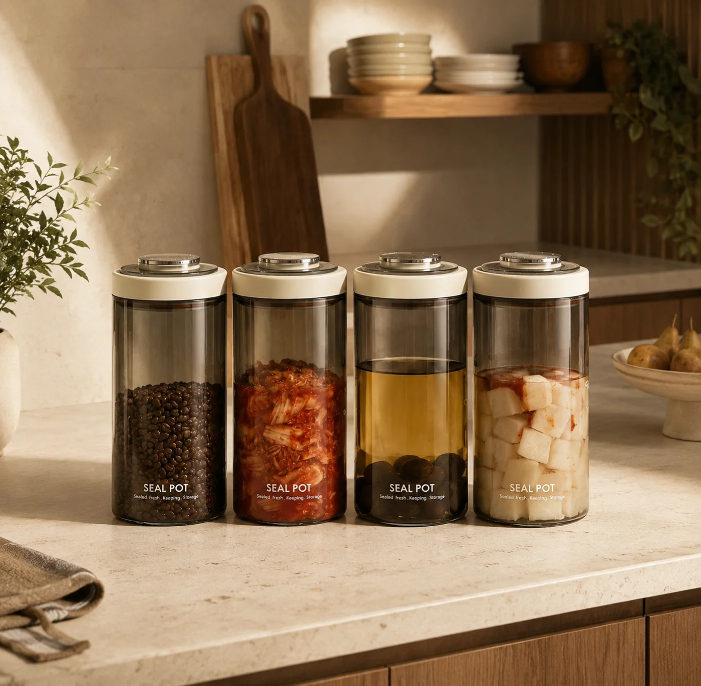 Káva, kimchi, nálev a ředkev v dózách Creamy White